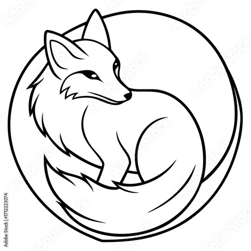 Minimalist illustration of a curled up fox inside a circle with a bushy tail and pointy ears in black and white style vector