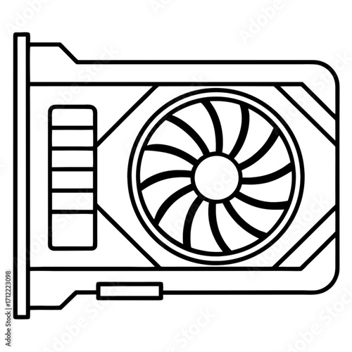 Minimalist outline drawing of a graphics card with a large circular fan and multiple connection ports on the side vector