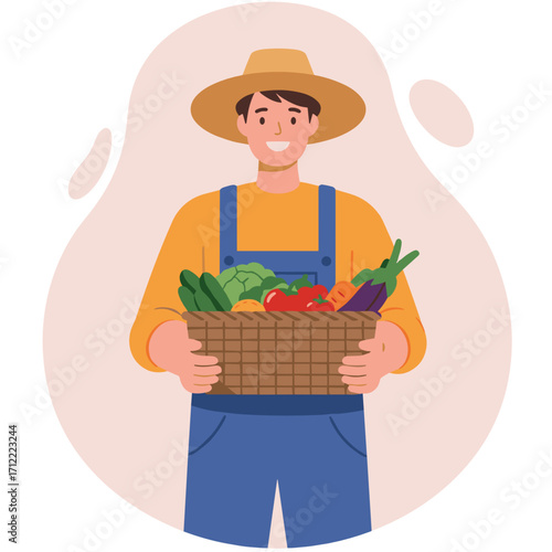 Young man holding basket of fresh vegetables with a smile  