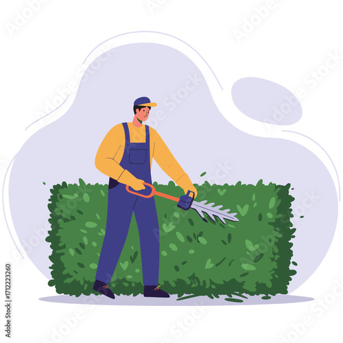 Gardener trimming hedge with shears in colorful garden background  