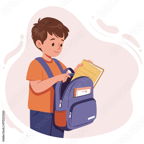 Young boy unpacking school supplies from backpack with smile  
