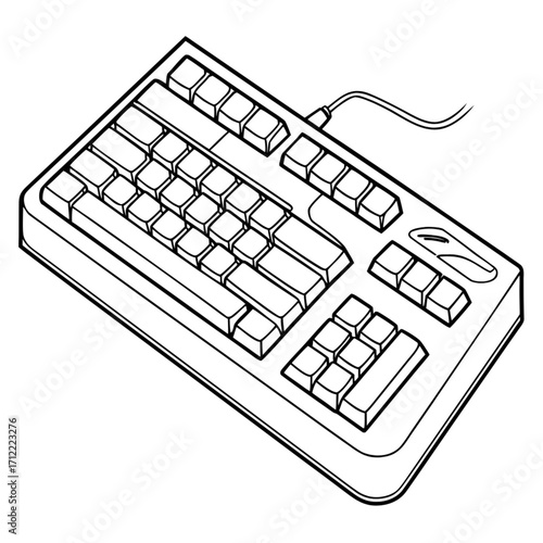 Minimalist isometric view of a wired computer keyboard with multiple keys and a connected cable in black and white line art vector