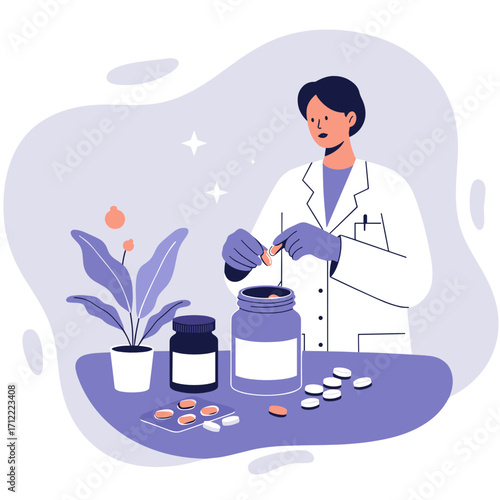 Male scientist mixing medicine and herbal ingredients in laboratory  