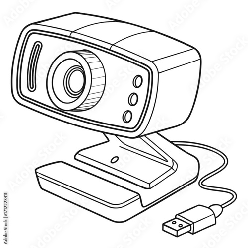 Minimalist illustration of a webcam with a usb connector and a stand in black and white outline style design vector