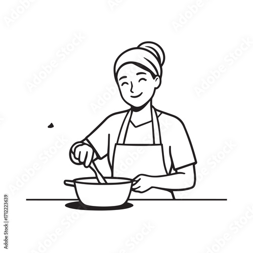 Black and White Vector Illustration of a Smiling Woman Cooking in Kitchen with Apron and Headband