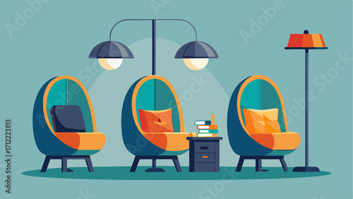 A few tered reading pods each equipped with a comfortable chair a side table and a lamp providing privacy for individual reading.
