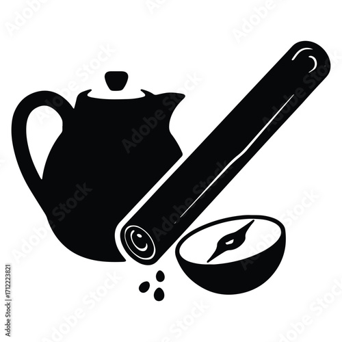 Tea time with cinnamon stick and apple in black silhouette illustration