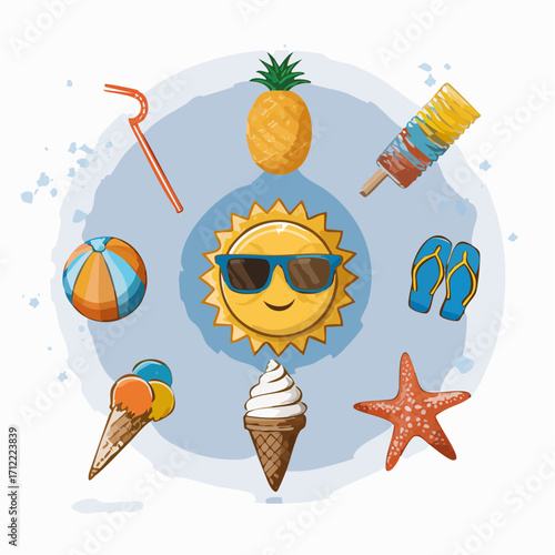 Bright and cheerful summer icons with sun, ice cream, pineapple, and beach ball