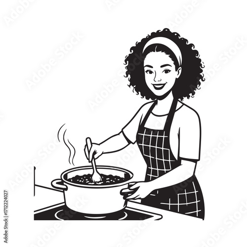 Black and White Vector Illustration of a Smiling Woman Cooking in Kitchen with Apron and Headband