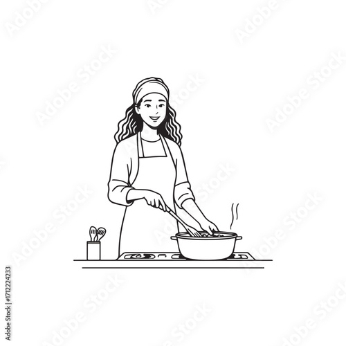 Black and White Vector Illustration of a Smiling Woman Cooking in Kitchen with Apron and Headband