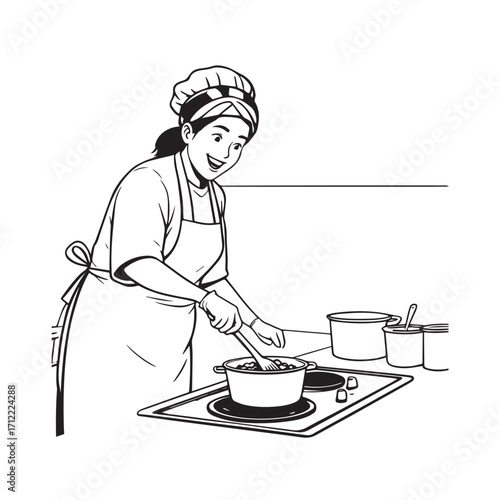 Black and White Vector Illustration of a Smiling Woman Cooking in Kitchen with Apron and Headband