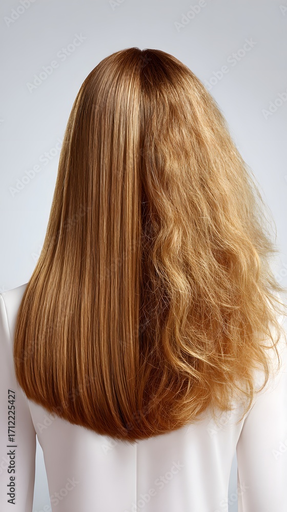 Naklejka premium Split view of long hair, frizzy vs smooth, autumn-inspired contrast with seasonal metaphor of change, care, and emotional transformation