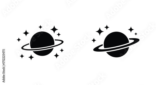 Simple depiction of two planets with rings and surrounding stars