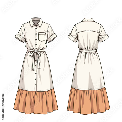 A charming and elegant midi shirt dress mockup with a tie waist and a tiered ruffle hem, a versatile technical drawing for classic and feminine fashion design.
