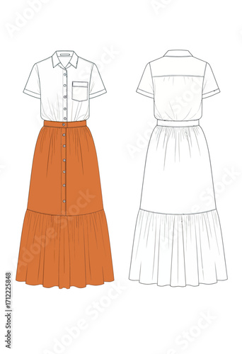 A chic and modern midi dress mockup, featuring a button-up shirt top and a tiered skirt, shown in an outline and a colored version for a versatile fashion template.
