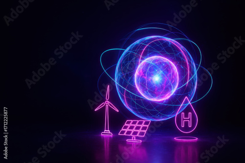 Innovation in Energy: A vibrant illustration showcases a dynamic interplay of elements symbolizing renewable energy sources like wind, solar, and hydrogen.
