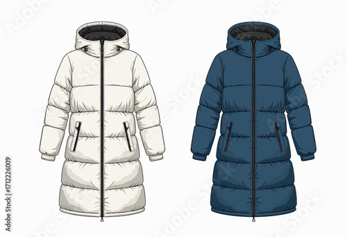 A versatile clothing mockup of a long, hooded puffer jacket in white and blue, a clean technical drawing for modern winter outerwear and fashion design.
