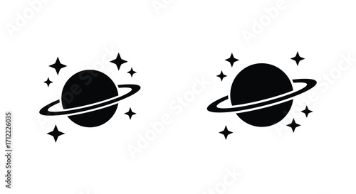 Simple graphic depicting two planets with rings and scattered stars