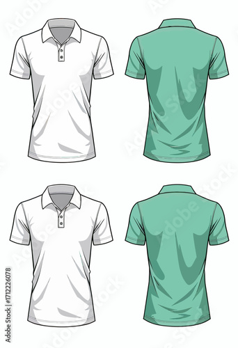 A versatile clothing mockup set featuring a white and a green polo shirt and t-shirt, showing the front and back views for a complete and clean fashion template.
