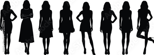 Set of diverse women silhouettes in various poses and outfits, showcasing fashion styles, body language, and character design for illustration"