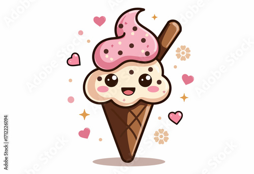 An adorable and sweet kawaii-style ice cream cone with a happy face and pink hearts, a charming and cheerful character for summer treats and cute designs.

