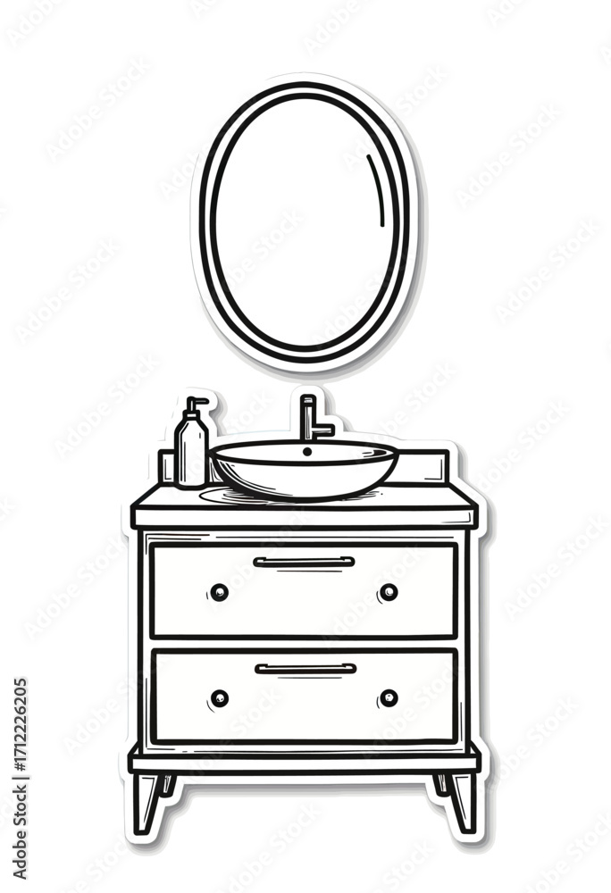 Obraz premium A simple and elegant black and white sticker-style illustration of a modern bathroom vanity with a vessel sink and an oval mirror, a chic icon for home decor. 