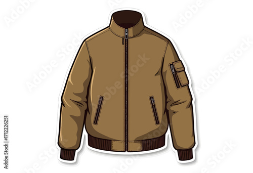 A classic brown bomber jacket in a clean, sticker-style illustration, a timeless and versatile piece of casual outerwear for a cool, modern wardrobe.
