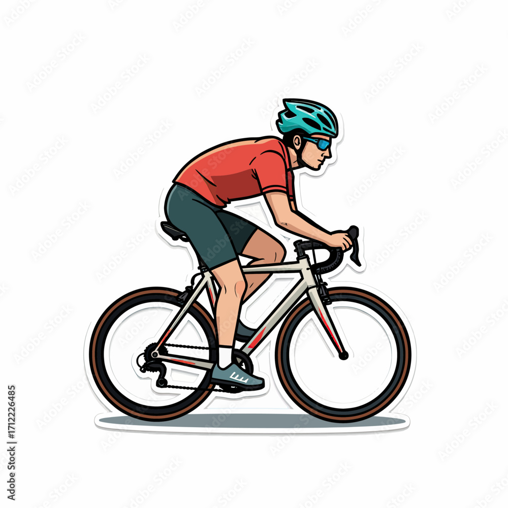 Obraz premium A dynamic sticker-style illustration of a male cyclist in a helmet and sunglasses riding a road bike, symbolizing speed, endurance, and competitive racing. 