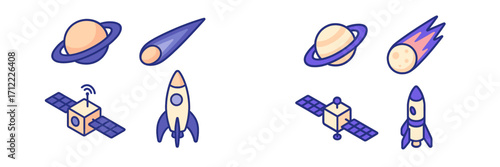 Colorful stylized cosmic elements featuring planets, comets, rockets, and satellites for space exploration themes