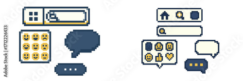 Retro pixel art user interface elements for digital communication, including chat bubbles, emoji panels, and navigation icons