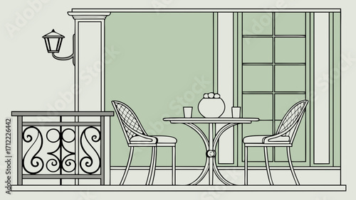 Balcony Design Elegant Outdoor Seating Area with Ornate Railing and Wall Lantern.