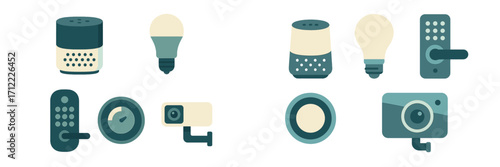 Smart home automation devices including speakers, light bulbs, door locks, thermostats, and security cameras