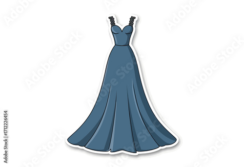 An elegant sticker-style illustration of a classic blue evening gown with a flowing skirt and simple straps, a timeless and sophisticated design for a formal event.
