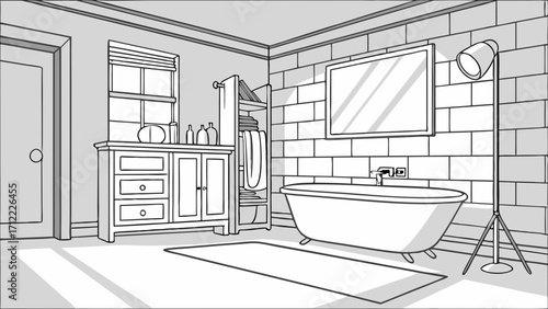 Bathroom interior design sketch modern bathtub vanity cabinet tiled walls floor plan illustration.