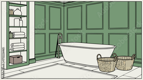 Bathroom interior design green walls bathtub shelving baskets illustration home decor relaxation spa clean modern elegant stylish tranquil serene cozy comfortable minimalist sim.