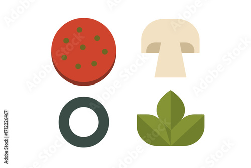 Common pizza ingredients including pepperoni, mushroom, olive, and fresh basil leaves in a modern flat design style