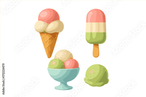 Refreshing frozen dessert selection featuring ice cream scoops in a waffle cone, a bowl, and a striped popsicle