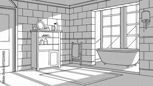 Bathroom Interior Design Line Art Black and White Sketch Freestanding Tub Cabinet Tile Simple Illustration.