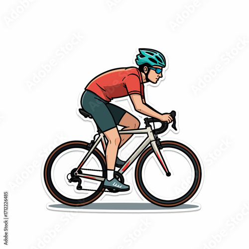 A dynamic sticker-style illustration of a male cyclist in a helmet and sunglasses riding a road bike, symbolizing speed, endurance, and competitive racing.
