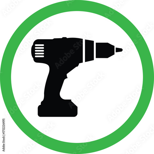 Art of black silhouette of a cordless drill inside a green circle
