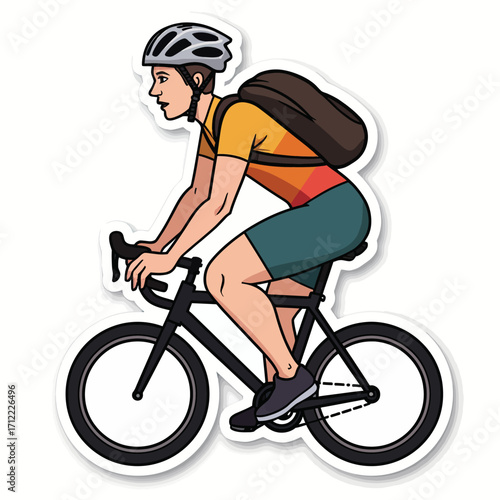 A sticker-style illustration of a female cyclist with a backpack riding a road bike, a modern and dynamic symbol of commuting, travel, and active lifestyles.

