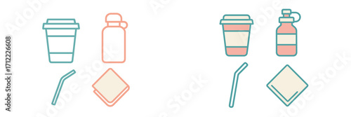 Collection of sustainable lifestyle icons featuring reusable coffee cups, water bottles, straws, and napkins