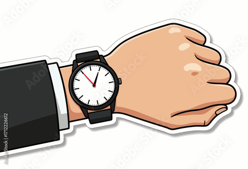 A classic and professional analog wristwatch on a person's wrist, a clean and modern sticker-style illustration symbolizing business, time, and punctuality.
