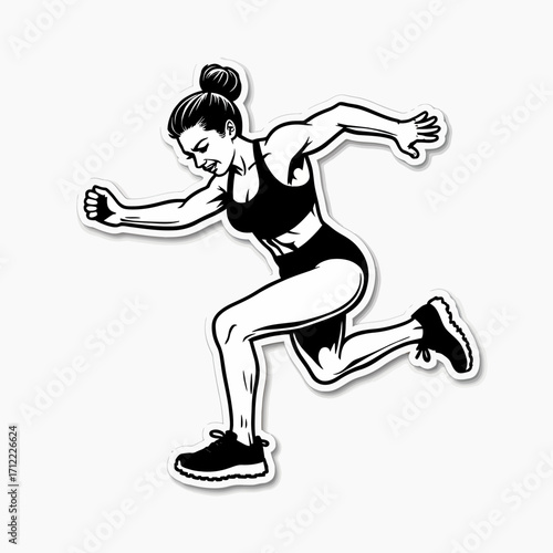 A dynamic black and white sticker-style illustration of a determined woman running, a powerful and inspiring symbol of fitness, strength, and athletic endurance.
