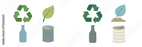 Green recycling symbols with bottles, cans, and leaves promoting environmental conservation and sustainability, representing eco-friendly practices and waste reduction