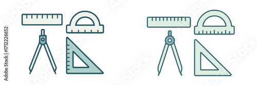 Essential geometry and drafting tools: ruler, protractor, compass, set square for education and design