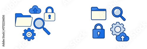 Digital data management icons set featuring cloud storage, file security, search, and system settings interface