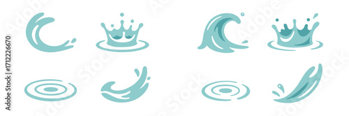 Collection of dynamic water splashes, waves, and ripples depicting liquid movement and fluid shapes