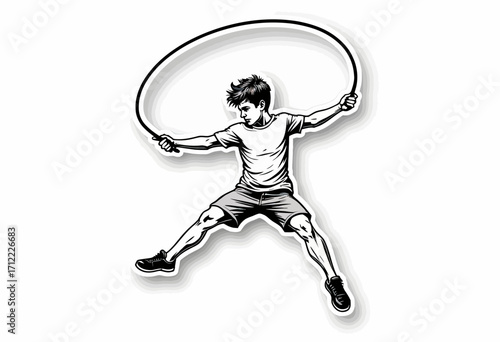 A dynamic black and white sticker-style illustration of a boy jumping rope, a powerful symbol of energy, fitness, childhood, and healthy, active lifestyles.
