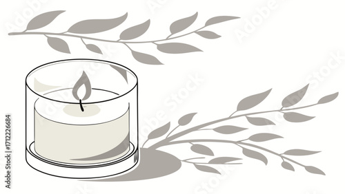 Calm candlelight with leaves serene and peaceful minimalist illustration.